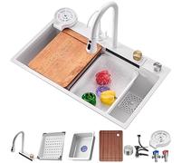 Évier de cuisine à cuve unique en acier inoxydable avec revêtement nano blanc, robinet extractible, panier de vidange et rondelle de tasse, design multifonctionnel, 17,8 cm de profondeur, élégance