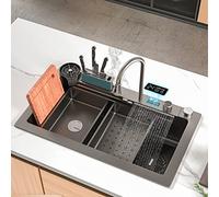 Évier De Cuisine À Cuvette Unique 304 en Acier Inoxydable, Évier De Cuvette De Cascade D'intelligence, Évier De Cuisine De Poste De Travail avec Robinet À Tirette (Color : Black-Grey, S : 75x46cm)