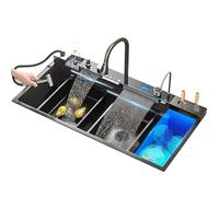 KISYHOLG Évier de Cuisine à Deux Cascades 100 x 50 cm Acier Inoxydable avec Pistolet Pulvérisateur Haute Pression et Affichage Numérique LED