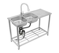 Évier de cuisine à double bac autoportant en acier inoxydable - Évier commercial avec tuyaux d'eau froide et chaude - Robinet de restauration avec robinet pour l'intérieur et l'extérieur