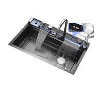 Évier De Cuisine À Double Cascade Intelligent, Affichage De La Température, avec Robinet Coulissant, Planche À Découper Et Bac À Verres(90CM)