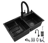 Évier de cuisine à double cuve avec robinet extractible, barre noire, poste de travail en acier inoxydable avec surface nano-enduite, facile à nettoyer, design à double support