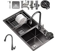 Évier de cuisine à double cuve en acier inoxydable avec rondelle de tasse et robinet extractible, ensemble complet de vidange et vanne d'angle pour panier