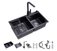Évier de cuisine à double cuve en acier inoxydable noir à encastrer avec plateau de vidange Design 2 trous Idéal pour la maison et le restaurant