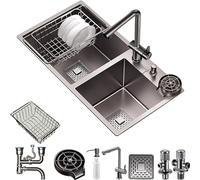 Évier de cuisine à double cuve encastrable avec lave-tasse, robinet extractible et couvercle de bonde carré (8848)