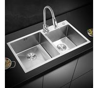 Évier de cuisine à double cuve Nano Évier de cuisine en acier inoxydable fait à la main de grande capacité Évier utilitaire avec robinet extractible (Couleur : A, taille : 78 * 43C