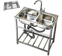 Évier de cuisine à double cuve sur pied, avec plomberie et étagère for eau chaude/froide, grand évier utilitaire en acier inoxydable, for buanderie(75 * 40cm)