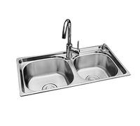 Évier de cuisine à double vasque en acier inoxydable 304 avec finition brossée épaisse, grandes et petites fentes avec robinet, facile à nettoyer, design moderne pour la maison et le restaurant