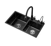 Évier de cuisine à double vasque en acier inoxydable épais, installation encastrée, grande capacité, facile à nettoyer, robinet extractible 80 x 45 cm, idéal pour les cuisines modernes.