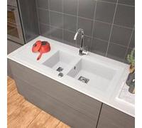 Evier de cuisine a encaster 1 cuve et demi bac en resine minerale Blanc 98 x 50 cm Blanc G