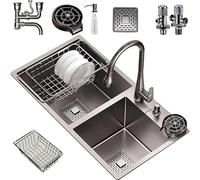 Évier de cuisine à encastrer, double cuve, en acier inoxydable, avec lave-tasses, panier de vidange, robinet d'angle et douchette extractible (7843)