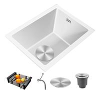 Évier de cuisine à encastrer en acier inoxydable à une cuve, fait main, sans robinet, avec grand couvercle de bonde et panier d'égouttage coulissant (2842)