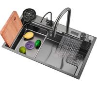 Évier de cuisine à un seul bol en acier inoxydable cascade avec robinet, évier de station de travail à montage supérieur combiné et accessoires avec écran de température