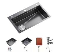 Évier de cuisine à une cuve en acier inoxydable avec de nombreux accessoires. Éviers modernes à encastrer par le dessus ou par le dessous pour cuisines et salles de bains.