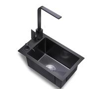 Évier de cuisine à une cuve, noir, grande capacité, robinet carré en acier inoxydable (45 x 30)