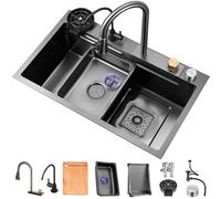 Évier de cuisine à une cuve, nouvel évier cascade en acier inoxydable, évier de bar avec lave-tasses, évier de style ferme à encastrer par le dessus ou par le dessous (Couleur : Noir-Gris, Dimensions