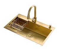 Évier De Cuisine Acier Inoxydable Doré Cuve Simple À Encastrer Avec Robinet Extractible, Panier Vidange Et Crépine Pour Appartement Restaurant Salle Bain Bureau À Domicile(72 * 45cm)