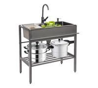 Évier de cuisine autonome en acier inoxydable - 1 bac - 80 x 45 x 86 cm - Évier commercial avec robinet et panier d'égouttement - Lavabo mobile avec étagère pour l'extérieur et l'intérieur