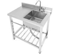 Évier de cuisine autonome en acier inoxydable avec armoire inférieure, 80 x 55 x 84 cm, évier gastronomique avec plan de travail et étagère, évier individuel, table de travail (évier droite)