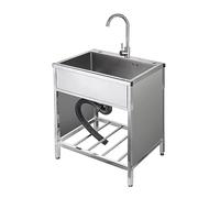 Évier de cuisine autonome Évier utilitaire en acier inoxydable Bassin à cuve unique avec robinet de tuyau d'eau froide et chaude et unité d'égouttoir pour garage, restaurant, cuisine, buanderie