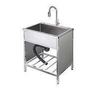 Évier de cuisine autonome Évier utilitaire en acier inoxydable Bassin à cuve unique avec robinet de tuyau d'eau froide et chaude et unité d'égouttoir pour garage, restaurant, cuisine, buanderie