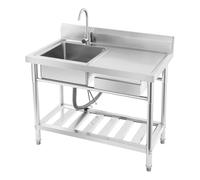 Évier de cuisine autoportant, 100 x 60 x 80 cm, avec plaque de lavage, lavabo commercial autonome avec tiroir, douchette rotative à 360° et plateau de sol (bac gauche)