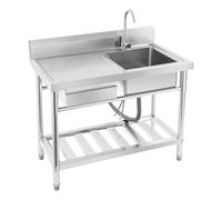 Évier de cuisine autoportant 100 x 60 x 80 cm, avec plaque de lavage, lavabo commercial autonome avec tiroir, douchette rotative à 360° et plateau de sol (bac droit)