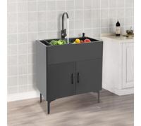 Évier de cuisine autoportant avec base et robinet, en acier inoxydable avec 1 cuve, égouttoir et vidange, pour cuisine, jardin, extérieur, atelier, buanderie, camping (noir)