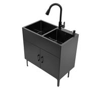 Évier de cuisine autoportant, avec meuble bas en bois et robinet extensible, avec égouttoir, distributeur de savon, pour salle de bain, invités, salle de bain et WC, 2 bacs