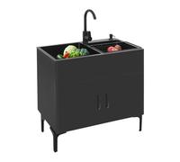 Évier de cuisine autoportant avec meuble bas et robinet, en acier inoxydable, avec 2 bacs, égouttoir et bonde, pour cuisine, jardin, extérieur, atelier, buanderie, camping (noir)
