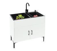 Évier de cuisine autoportant avec meuble bas et robinet, en acier inoxydable, avec 2 bacs, égouttoir et bonde, pour cuisine, jardin, extérieur, atelier, buanderie, camping (blanc)