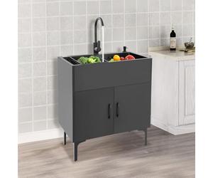 Évier de cuisine autoportant avec meuble bas et robinet, évier en acier inoxydable avec 1 bac, égouttoir et unité d'évacuation, pour cuisine, jardin, extérieur, atelier, buanderie, camping (noir)