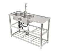 Évier de cuisine autoportant, double lavabo, en acier inoxydable, avec robinet et plan de travail, 2 bacs pour cuisine, garage, laboratoire, balcon