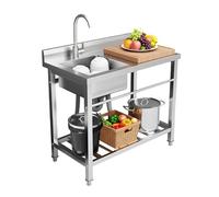 Évier de cuisine autoportant, en acier inoxydable 201, 80 x 55 x 84 cm, avec robinet à 360°, plan de travail, protection anti-éclaboussures, argenté, capacité de charge de 100 kg