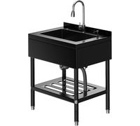 Évier de cuisine autoportant en acier inoxydable 65 × 53 × 100 cm, 1 bac, évier commercial avec robinet, tuyaux d'eau froide et chaude, pour buanderie, cuisine extérieure, gastro, magasin, restaurant