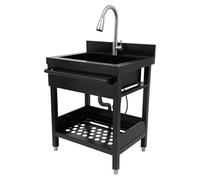 Évier de cuisine autoportant, en acier inoxydable, 65 x 50 x 90 cm, extra large, simple, avec robinet extensible, pour buanderie, restaurants, noir