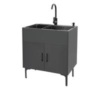 Évier de cuisine autoportant en acier inoxydable avec meuble inférieur, 1 bac avec armoire avec robinet, panier d'égouttement, distributeur de savon, pour restaurant, cuisine domestique (noir)
