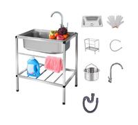 Évier de cuisine autoportant en acier inoxydable - Évier utilitaire d'extérieur avec robinet, support et kit de vidange - Lavabo simple (52 x 38 cm)