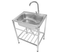 Évier de cuisine autoportant, mobile en acier inoxydable, 1 bac extérieur, évier commercial avec robinet froid/chaud et panier, capacité de charge de 60 kg, pour buanderie, laboratoire, 60 x 45 x 75