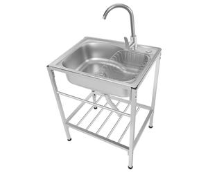 Évier de cuisine autoportant, mobile en acier inoxydable, 1 bac extérieur, évier commercial avec robinet froid/chaud et panier, capacité de charge de 60 kg, pour buanderie, laboratoire, 60 x 45 x 75