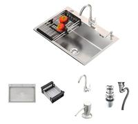 Évier de cuisine avec accessoires 45 x 40 cm, bac unique, en acier inoxydable, plan de travail profond sous plan pour caravane, garage