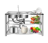Évier de cuisine avec armoire inférieure, évier de restauration avec 2 bacs, évier en acier inoxydable 201 avec robinet, évier d'extérieur pour cuisine, camping, 120 x 45 x 80 cm