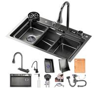 Évier de cuisine avec cascade, bol simple en acier inoxydable avec robinet LED, design multifonctionnel moderne, comprend une planche à découper mobile et un kit de vidange