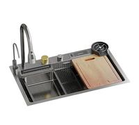Évier de cuisine avec cascade d'eau à gauche - Poste de travail en acier inoxydable avec boîte à couteaux et robinet extractible, A-80 x 45 cm