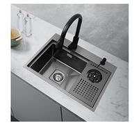 Évier de Cuisine avec Lave-Verre, évier de Bar en Acier Inoxydable avec Lave-gobelet, rinçage par pulvérisation pour hôtel, café, Restaurant (Couleur : Noir-B, Taille : 60 x 43 x 21 cm)