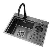 Évier de Cuisine avec Lave-Verre, évier de Bar en Acier Inoxydable avec Lave-gobelet, rinçage par pulvérisation pour hôtel, café, Restaurant (Couleur : Noir-C, Taille : 60 x 43 x 21 cm)