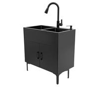 Évier de cuisine avec meuble bas - Double lavabo mobile en acier inoxydable - Avec robinet extensible, panier d'égouttement et distributeur de savon - 75 × 41 × 78 cm