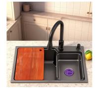 Évier de Cuisine avec Planche à Découper Coulissante Design Acier Inoxydable 304 Finition Brossée Evier Noir Incliné 3 Méthodes D'installation Siphon Non-odeurs Cuve Profonde(26.8x17.7")