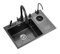 Évier de cuisine avec rince-verres, poste de travail à un seul bac en acier inoxydable avec lave-tasses et douchette pour hôtel, café et restaurant (Couleur : Noir-Gris, Dimensions : 70 x 46 cm)