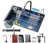 Évier de Cuisine avec Robinet Intégré Evier Cuisine 1 Bac Noir Cascade Raindance Évier Cuisine en Acier Inoxydable 304 avec Divers Accessoires